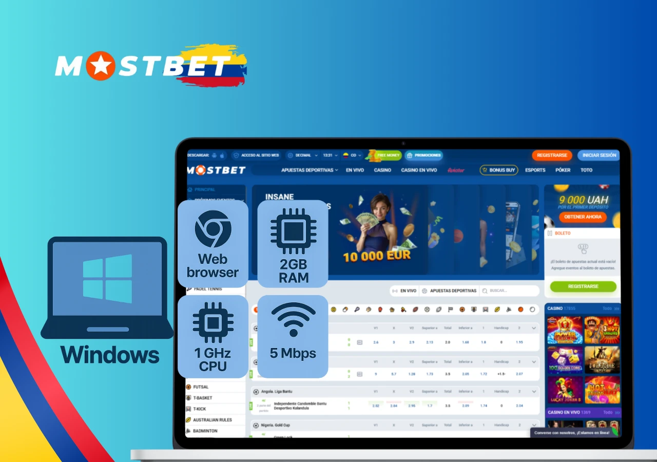 Laptop con plataforma Mostbet y requisitos del sistema para Windows, incluyendo navegador, CPU y conexión