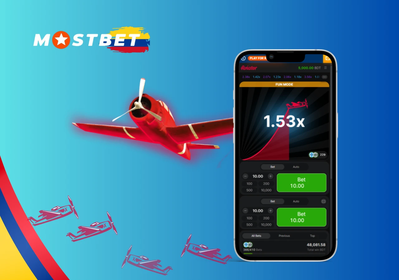 Juego Aviator de Mostbet con avión rojo en vuelo y multiplicador en pantalla de dispositivo móvil