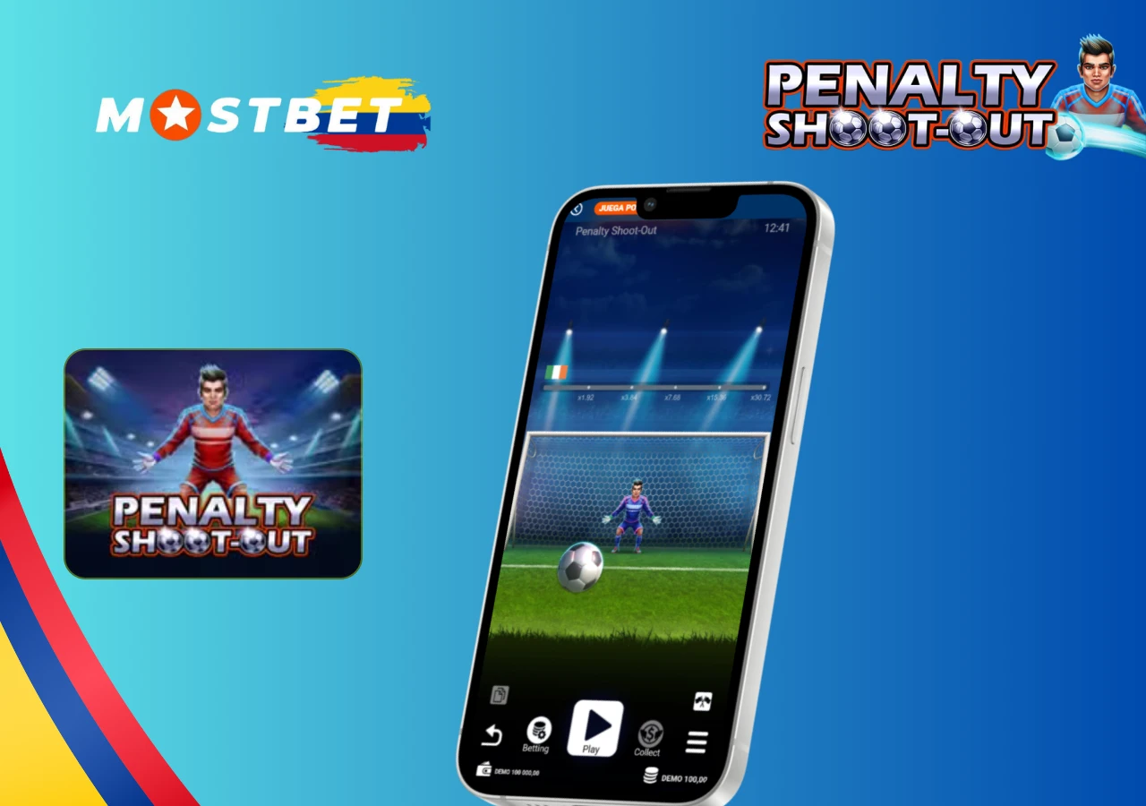 Juego Penalty Shoot-Out en Mostbet Colombia con futbolista, portero y balón mostrando la interfaz en el móvil